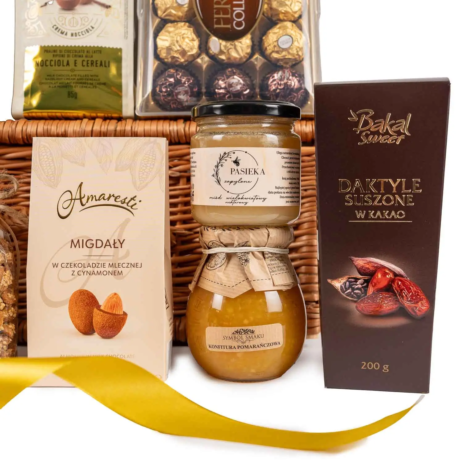 miód, konfitura pomarańczowa, daktyle w kakao